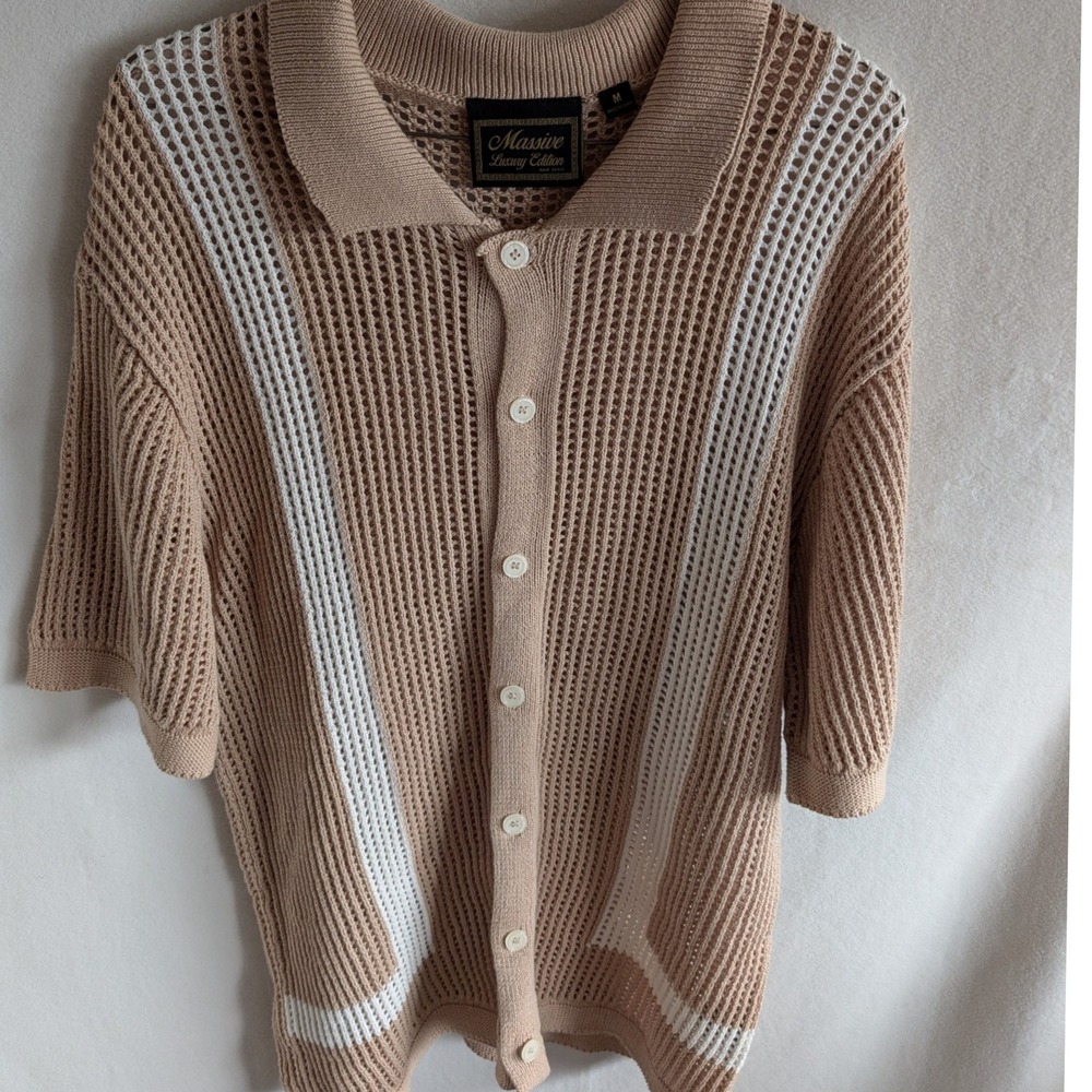 Massive Luxury Edition Mens Tan White Knit Button Up Crochet Polo Shirt Size M